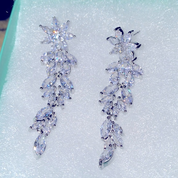 Bridal Flower Sterling Silver Cubic Zirconia Drop Earrings - Picture 3 of 6